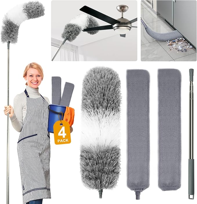 4 Pcs Dusters for Cleaning, 2 in 1 Microfiber Dusters and Retractable Gap Dust Cleaner with 1 Microfiber Dusting Cloths Long Handle 30-100 Inches Extension Pole for Ceiling Fan Cleaning Supplies