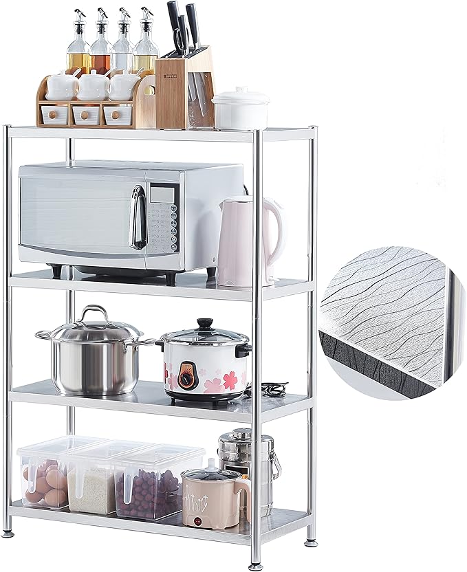 susunnus Stainless Steel Shelves 23.6in-4 Tier, Stainless Steel Shelf Organizer, Kitchen Storage Shelves, Artistic Texture, Pragmatic & Sturdy & Waterproof