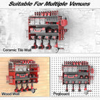 Power Tool Organizer Wall Mount, 4 Layers Tool Storage Rack with 2 Side Red Pegboards, 4 Drill Bit Rack,Heavy Duty Metal Garage Tool Shelf Organize for Workshop Garage Tool Room