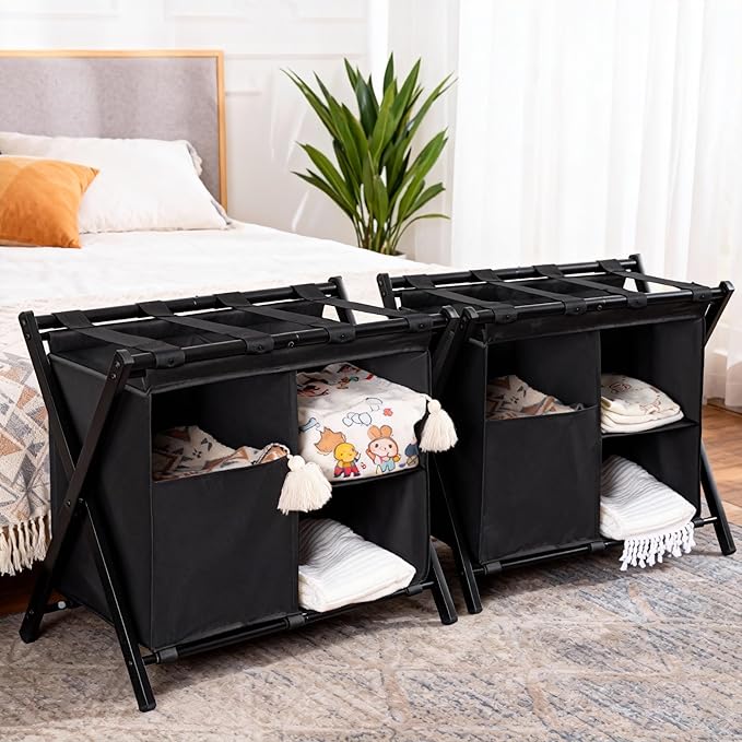 Heybly Luggage Rack with Laundry Bag,Steel Folding Suitcase Stand for Bedroom, Hotel, Foldable Steel Frame, Guest Room Bedroom Hote, 23.62" L x 15.57" W x 24.21" H, Black,HLR006B1