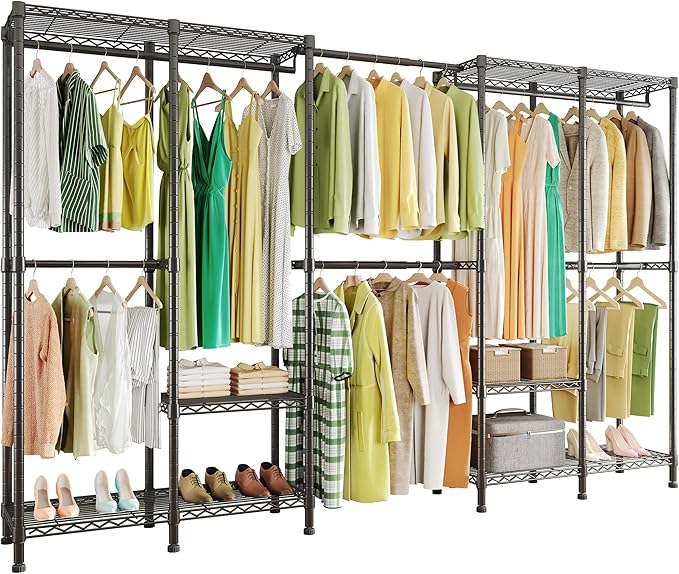 H5 Pro Heavy Duty Garment Rack, Freestanding Clothes Rack, Wardrobe Closet for Hanging Clothes, Portable Closet Organizer with Expandable Hanger Rods, (97.7-115.4")L x 15.7"W x 75.4"H, Black