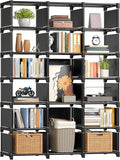 REIBII Book Shelf, 16 Cube Storage Organizers, Tall DIY Book Case for Bedroom, Office, Living Room, Closet, 12" D x 47.24" W x 70.86" H, Black