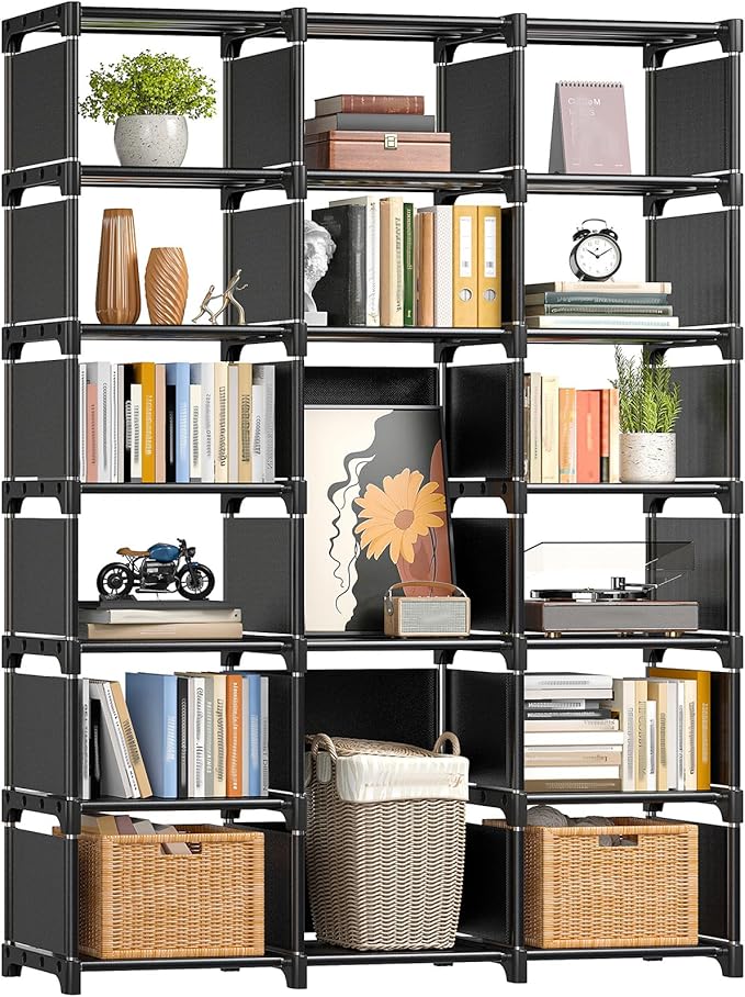 REIBII Book Shelf, 16 Cube Storage Organizers, Tall DIY Book Case for Bedroom, Office, Living Room, Closet, 12" D x 47.24" W x 70.86" H, Black