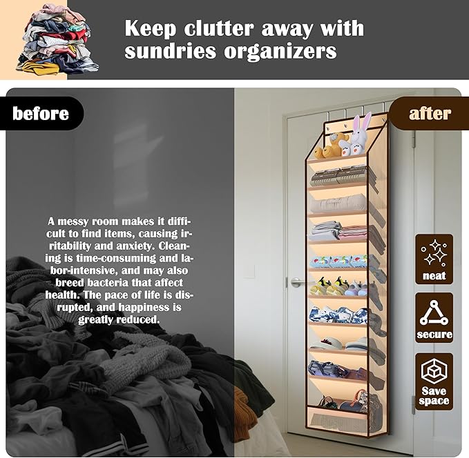 10 - Pocket Over - the - Door Hanging Shoe Organizers & Rack, Made of Sturdy 600D Oxford + Non - Woven Fabric, Space - Saving Storage for Shoes, Boots & More (Cream-colored)