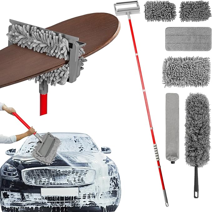 Ceiling Fan Cleaner Duster , 75‘’ Extendable Long Handle Ceiling Fan Blade Cleaning Tool, Reusable Chenille & Microfiber Mop Head for Dusting Ceiling Fan Baseboard Wall Floor,car wash mop