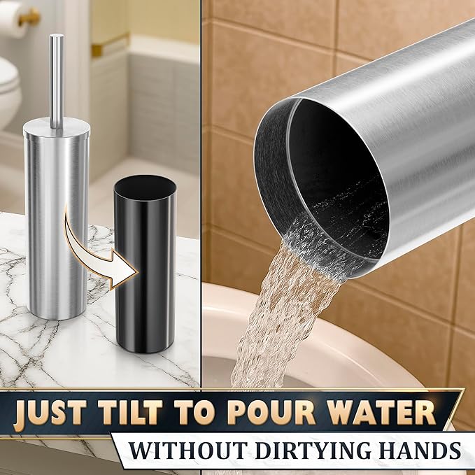 Stylish Stainless Steel Toilet Brush and Holder Set - Silver Toilet Bowl Brush and Holder with Splash Cover, Sturdy Bristles, Corrosion & Scratch Resistant - Elegant Design, Effective Deep Cleaning