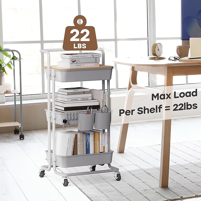 DTK 3 Tier Rolling Utility Cart with Cover Top Board, Movable Kitchen Storage Cart Trolley with Lockable Wheels, Cups, Hooks for Kitchen Bathroom Home Office Art Craft Storage and Organization(Grey)