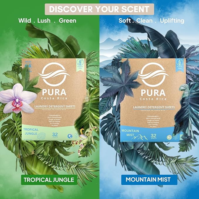 Laundry Detergent Sheets - Ultra Concentrated & Hypoallergenic - Deep Clean, Safe for Sensitive Skin, Plastic-Free & Non-Toxic - Works in Hot & Cold Water - (64 Loads 32 Sheets) - Tropical Jungles