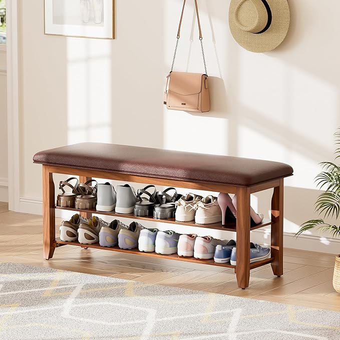 Shoe Bench with Leather Cushion, Shoe Organizer Bench for Entryway, Rubberwood Entryway Bench for Hallways, Front Doors, Entrances, Mudrooms (Two Floors, 39.4)