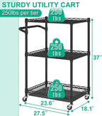 3 Tier Rolling Cart with Wheels, Metal Utility Cart for Storage Heavy Duty Wire Trolley for Kitchen Serving Grocery Food with 3 Shelf Liners 6 Hooks, 18 x 23.8 x 37 Inches, Black