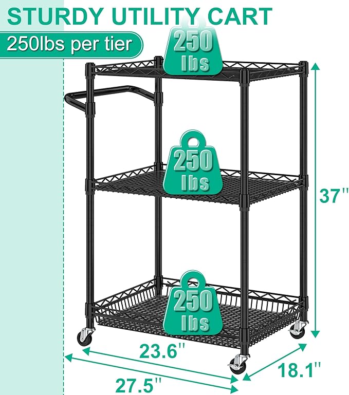 3 Tier Rolling Cart with Wheels, Metal Utility Cart for Storage Heavy Duty Wire Trolley for Kitchen Serving Grocery Food with 3 Shelf Liners 6 Hooks, 18 x 23.8 x 37 Inches, Black