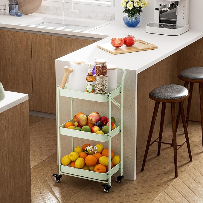 JAQ Foldable Rolling Cart, 3-Tier Metal Folding Storage Utility Carts Basket Rack Organizer with Handle on Wheels for Snacks Books Fruits for Kitchen Living Room Pantry Bathroom - (Green, 3-Layer)