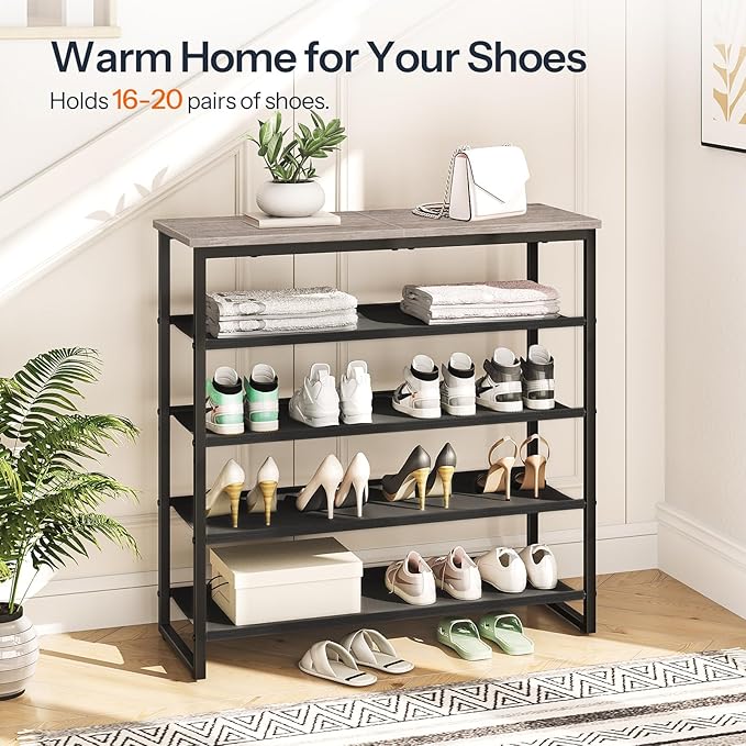 HOOBRO Shoe Rack, 5 Tier Shoe Storage Organizer with 4 Oxford Fabric Shelves and Top Panel, Holds 16-20 Pairs of Shoes, for Entryway and Closet, Industrial, Greige and Black BG50XJ01
