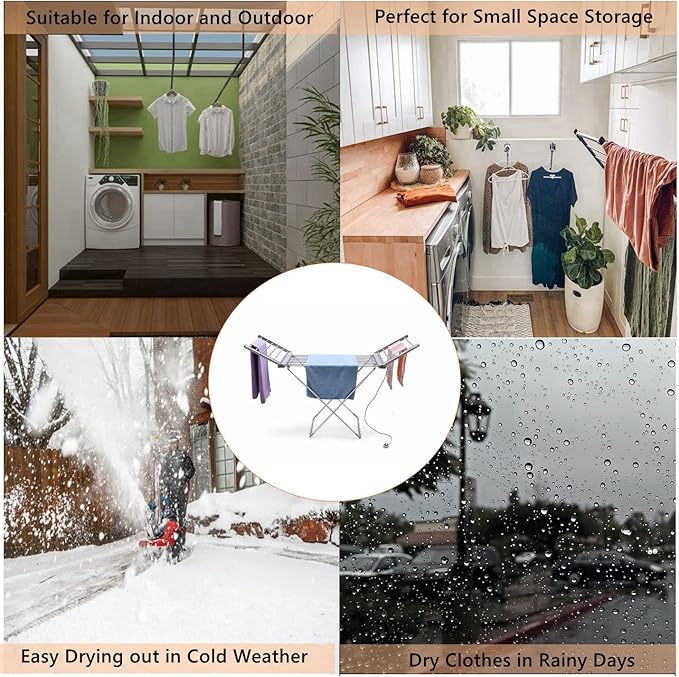 tonchean Heated Clothes Drying Rack, Folding Electric Clothes Drying Rack, Collapsible Laundry Drying Rack, Free-Standing Heating Garment Dryer Towel Rail Space Saving for Home Indoor/Outdoor