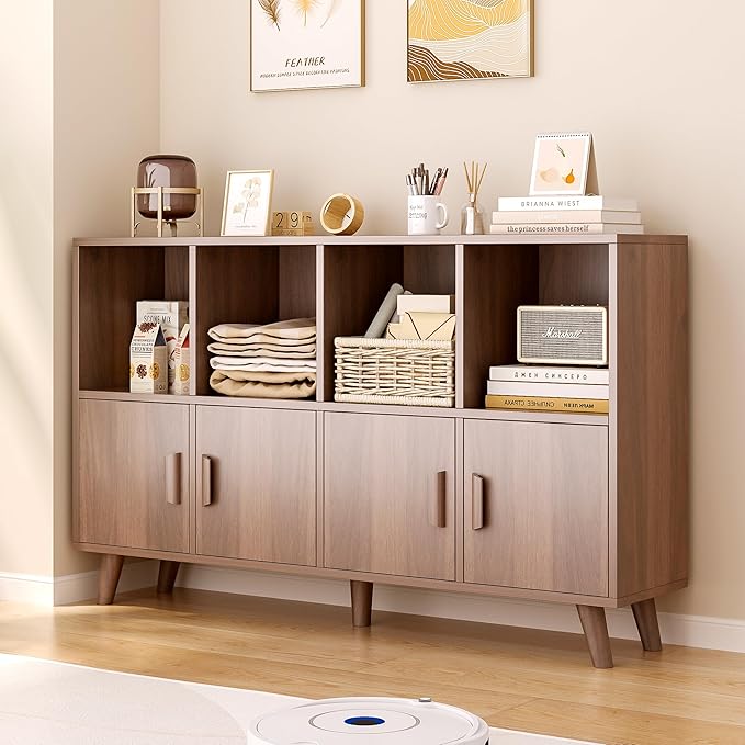 Cubby Shelf Bookcase with Doors - Wooden 8 Cubes Floor Standing Open Bookshelf with Solid Wood Legs, 2-Tier Low Storage Cabinet, Walnut
