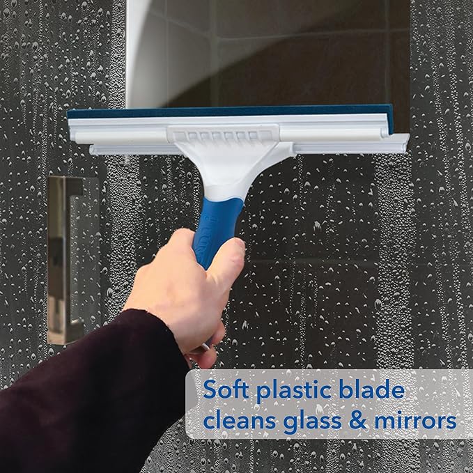 Unger Professional Connect and Clean 10” Glass and Tile Shower Squeegee, Compatible with Standard Threaded Pole, 2-in-1 Bathroom Cleaning Supplies, Cleaner for Showers and Mirrors, Streak-Free Results