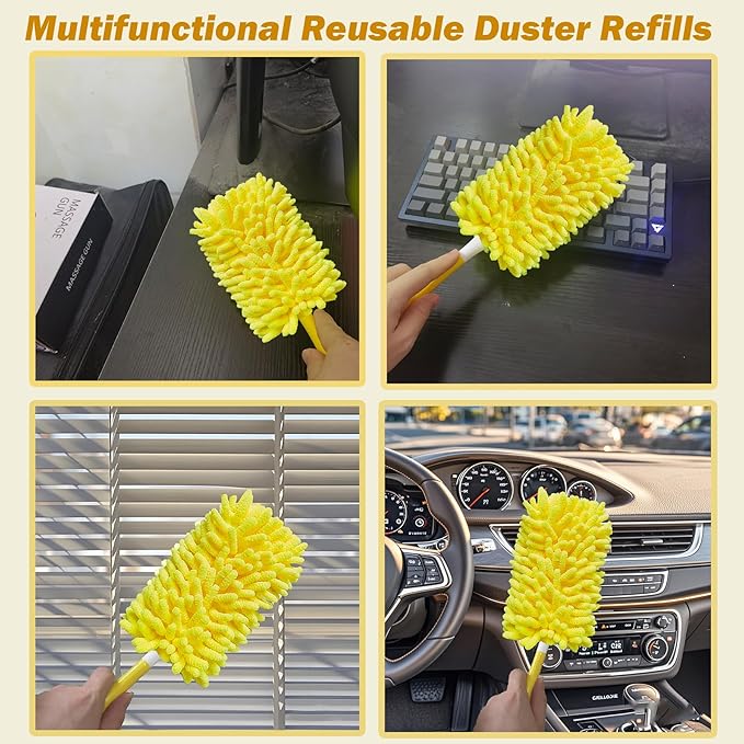 Reusable Duster for Swiffer, 2 Refills +1 Handle, 360 Heavy Duty Duster Refill Compatible with Swiffer Hand Dusters, for Dusting Furniture, Blinds, Ceiling Fans, Walls and More, Yellow