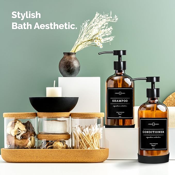 Vine Creations Amber Glass Soap Dispenser Set - Kitchen Soap Dispenser Set with Stainless Steel Pump - 16 oz Dish Soap and Hand Soap Dispensers for Bathroom with Silicone Pad & Waterproof Labels