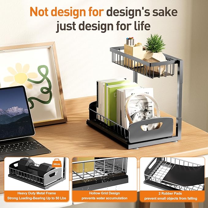 Under Sink Organizer 2 Pack,Metal Pull Out Cabinet Organizer Shelf,Kitchen Bathroom Organizers and Storage with Sliding Drawer,Storage Shelves,Storage and organization for Home,Laundry,RV,Pantry,Spice