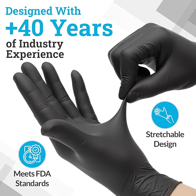 Hand-E Touch Black Nitrile Disposable Latex Free & Powder Free Gloves - 200 Count, Medium - BBQ, Tattoo, Hair Dye, Cooking & Mechanic Gloves