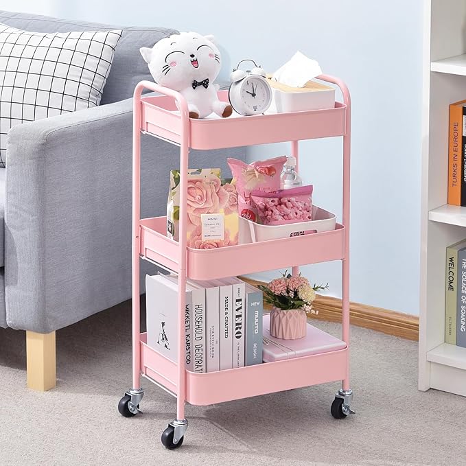 TOOLF 3-Tier Metal Rolling Cart with Wheels, Storage Utility Organizer Cart for Kitchen, Bathroom, Office, Baby Essentials & Makeup - Lockable Casters, Easy Assembly, Large Capacity, Pink