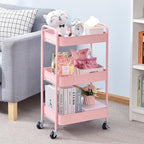 TOOLF 3-Tier Metal Rolling Cart with Wheels, Storage Utility Organizer Cart for Kitchen, Bathroom, Office, Baby Essentials & Makeup - Lockable Casters, Easy Assembly, Large Capacity, Pink