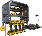 Power Tool Organizer Wall Mount with 4 Power Outlets & Charging Station &420lbs Capacity, Tool Battery storage, Metal Heavy Duty Wall Mounted Drill Holder for Garage Workshop, Men Gifts
