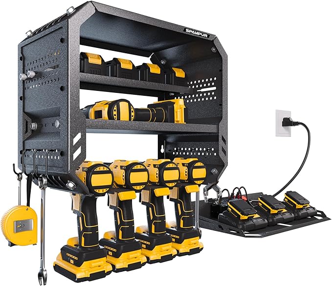Power Tool Organizer Wall Mount with 4 Power Outlets & Charging Station &420lbs Capacity, Tool Battery storage, Metal Heavy Duty Wall Mounted Drill Holder for Garage Workshop, Men Gifts
