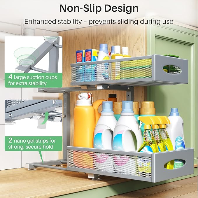 Under Sink Organizer, 2 Tier Pull out Cabinet Organizer Baskets with Mesh Sliding Drawers, Slide out Storage Shelf for Home, Kitchen, Bathroom, Pantry, Office, Countertop(1 Pack,Grey)
