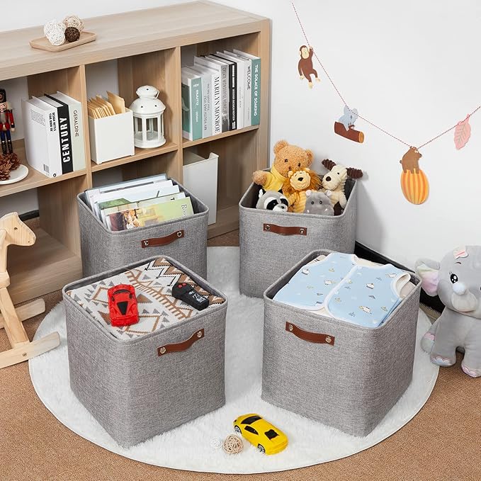 HNZIGE Fabric Storage Cubes Baskets,Set of 4,Foldable Storage Basket with Handles for Organizing,13 x 13 Cube Storage Organizer Bins for Toys, Clothes(Gray)