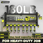 KAFAHOM Power Tool Organizer with Charging Station, Built in 8 Outlet Power Strip,Large 8 Drill Holder Wall Mount, Heavy Duty Metal Power Tool Storage Rack Tool Shelf for Garage Organization Black