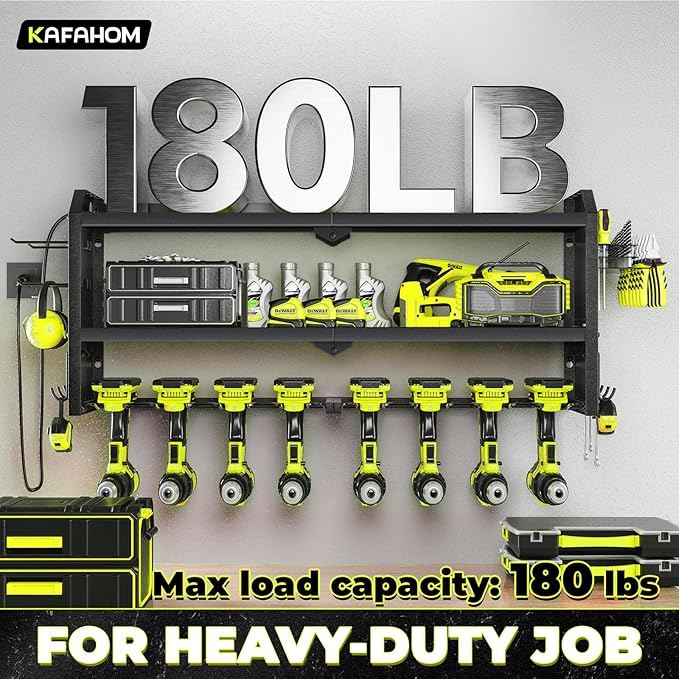 KAFAHOM Power Tool Organizer with Charging Station, Built in 8 Outlet Power Strip,Large 8 Drill Holder Wall Mount, Heavy Duty Metal Power Tool Storage Rack Tool Shelf for Garage Organization Black