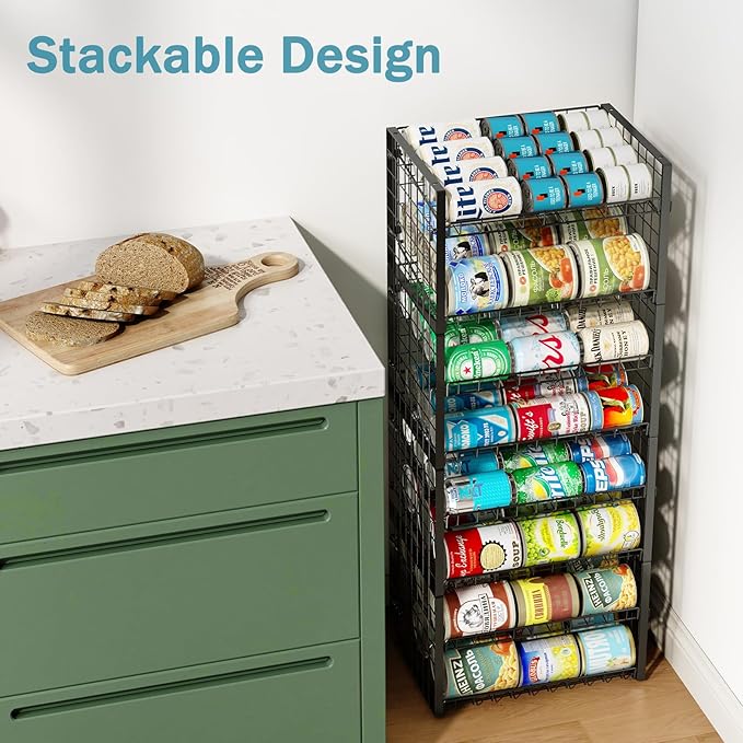 3-Pack Stackable Can Rack Organizer for Pantry, Adjustable Can Holder for Various Ounce of Cans up to 90, Rolling Can Dispenser for Canned Food Soup Goods Storage in Kitchen Cabniet, 2 Tier, Black