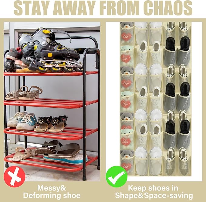 Windyun 2 Pack 40 Over the Door Shoe Organizers Large Mesh Pocket Hanging Shoe Rack for Closet Nonslip Behind Door Storage Holder Back to School Organizer for Dorm Room College Storage (Beige)
