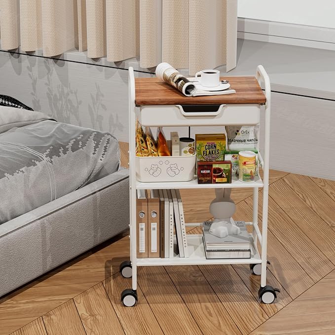 3 Tier Rolling Cart with Drawer, Metal Rolling Storage Cart with Table Top, Modern Utility Cart on Wheels Kitchen Cart Storage Organizer for Bathroom Office Living Room, White