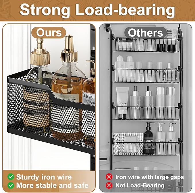 Adjustable Over The Door Organizer, Closet Door Organizer Heavy Duty Hanging Door Storage with 4 Metal Baskets and PVC Pocket, Behind Organizer for Bathroom Closet Bedroom Cabinet, Black