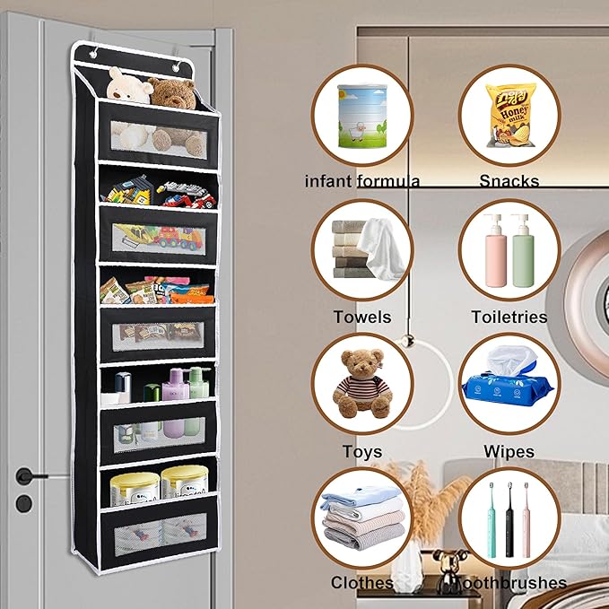 Over the Door Organizer Storage, 5 Shelf Storage with Large Pockets, Anti Tilt 44 lbs Heavy Duty Behind Door Organizer with Clear Window for Bedroom, Pantry, Bathroom, Nursery(Black)