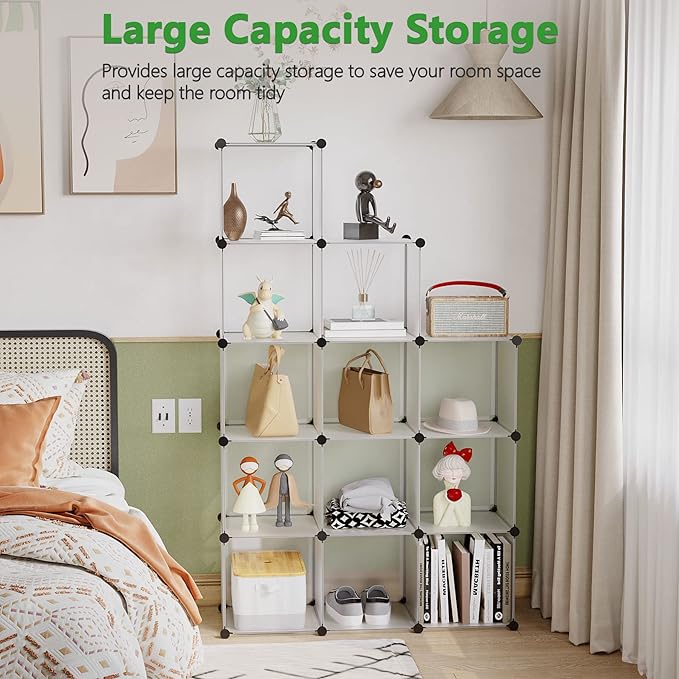 C&AHOME Cube Storage Organizer, 12-Cube Closet Cabinet Organizer, DIY Cube Shelf, Plastic Stackable Bookshelf, Modular Shelving Units Ideal for Home, Office, 36.6" L x 12.4" W x 48.4" H White SHS3012A