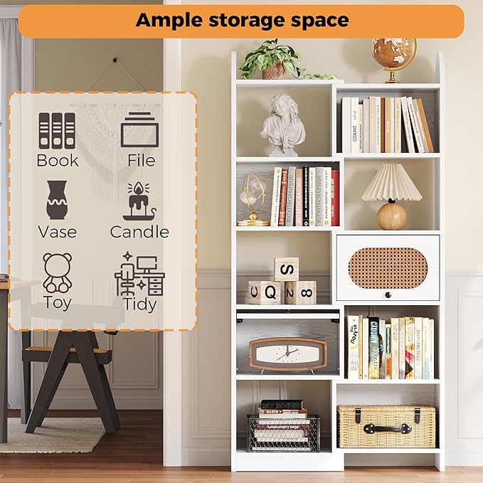 IRONCK 6 Tier Bookshelf and Bookcase with 2 Rattan Design Flip-top Storage Cabinets, 8 Cube Bookcases Display Storage Shelves Organizer for Living Room, 35.4" White