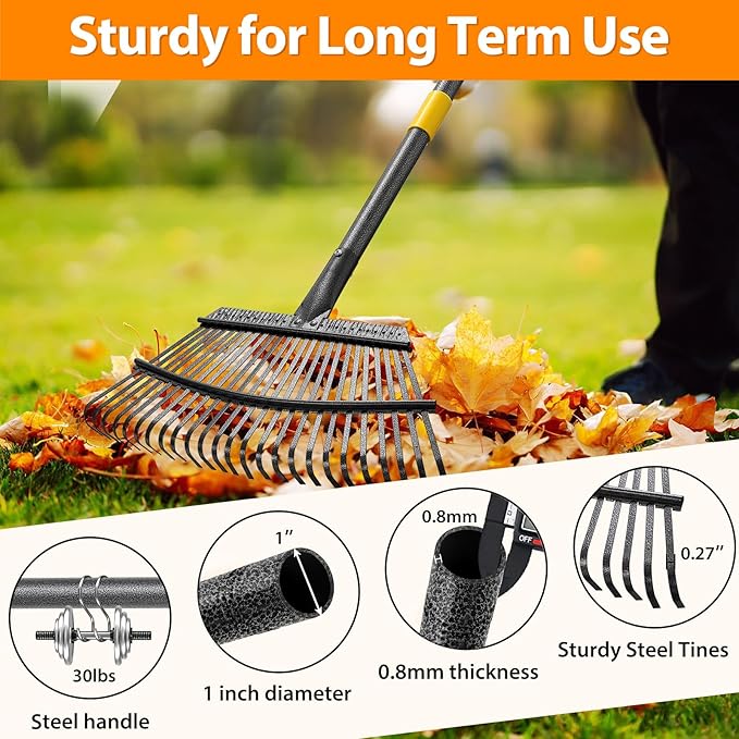 Garden Rake for Leaves, Heavy Duty 25 Tines Metal Leaf Rake，65" Adjustable Long Handle 18" Wide Yard Rake for Lawns Flower Bed Grass Mulch Shrub Camping Gardening