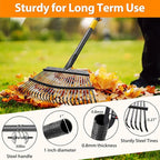 Garden Rake for Leaves, Heavy Duty 25 Tines Metal Leaf Rake，65" Adjustable Long Handle 18" Wide Yard Rake for Lawns Flower Bed Grass Mulch Shrub Camping Gardening