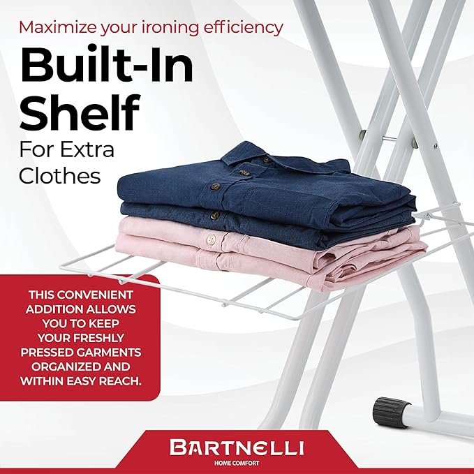 Bartnelli Extra Wide Pro Ironing Board 19x48 Ironing Surface with Iron Rest, Cord Holder, Shelf and 4 Layer Heat Resistant Cover and Pad