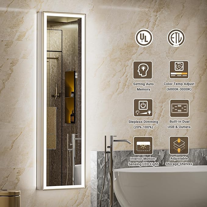 16"x60" Tall Lighted Medicine Cabinet with Mirror & Brush Nickel Bevel Frame, Surface or Recessed LED Mirror Cabinet with Outlet, 5-Tier Adjustable Shelf & Sensor Inner Light (Right Hinge)