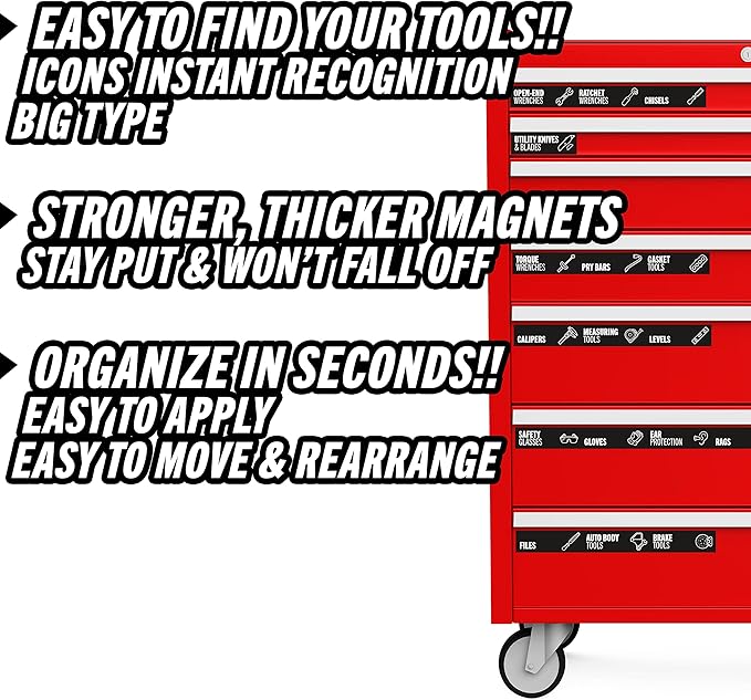 Toolbox Organization Magnetic Labels-80 Large Tool Chest Organizer Labels-Strong Magnets-Fits All Brands of Steel Tool Box Drawers(Black 3.125x1.0 in)
