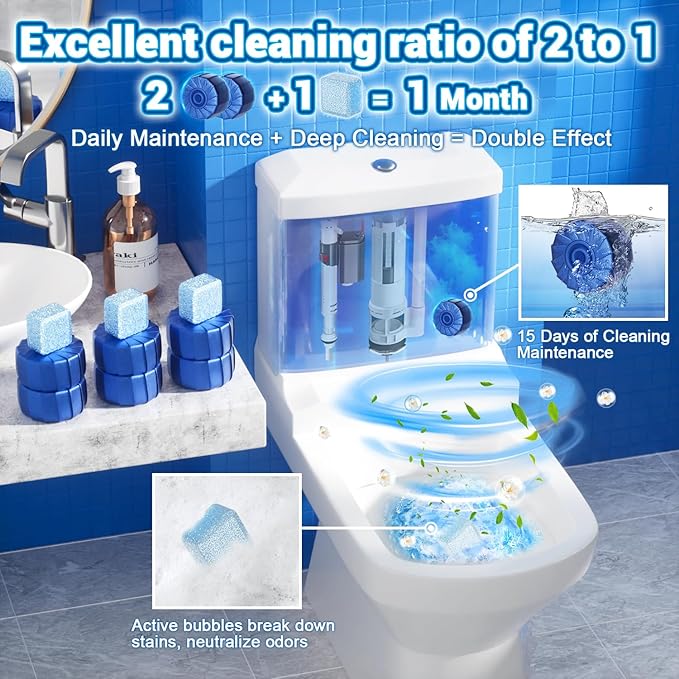 18 Pack Toilet Bowl Cleaner, 12pcs Blue Toilet Bowl Tablets + 6pcs Foam Bathroom Bleach Cleaners Tablets, 2:1 Automatic Toilet Bowl Cleaner For Deodorizing&Stain Removal(18pack,Blue)