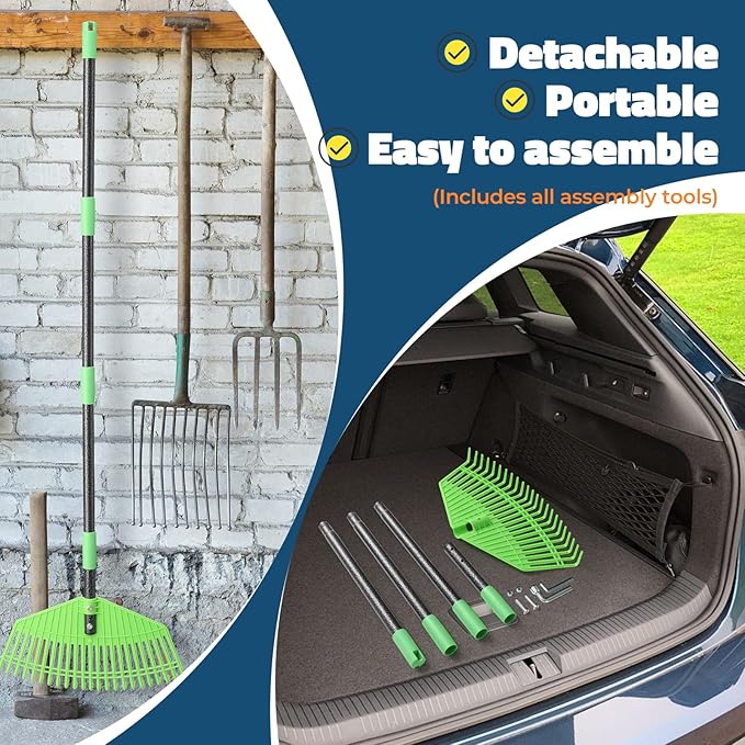 Garden Leaf Rake, 44" Long Handle Prevents Bending, 16.5" Flexible Head, Lightweight & Gentle on Grass, Ideal for Leaf Collection Around Bushes, Flowers and Lawns
