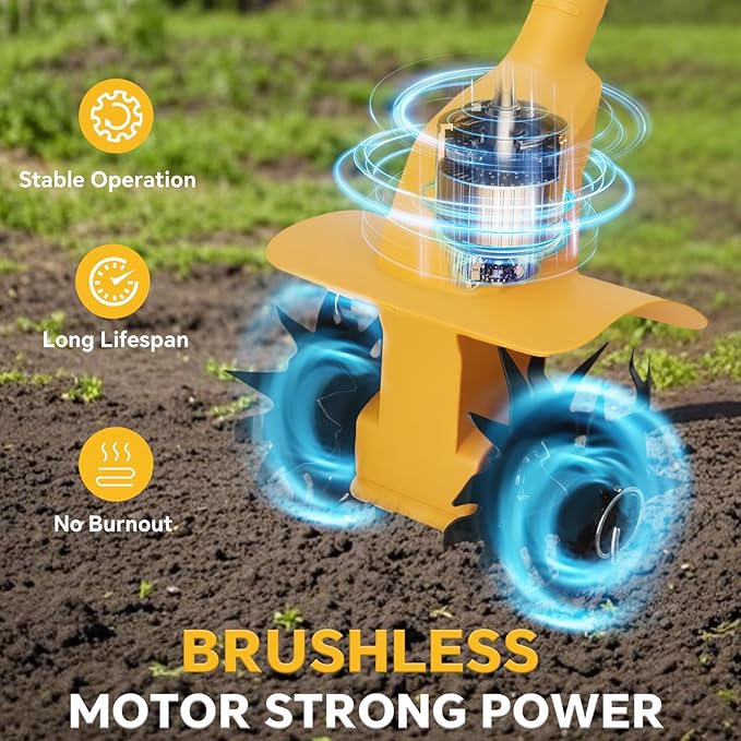 Cordless Tiller Cultivator Compatible with Dewalt 20V Max Li-ion Battery, 500W Brushless Rototiller for Gardening/Lawn, w/330 RPM, 4x12 Tines, 7.87" Tilling Width, 6.3" Depth(NO Battery)