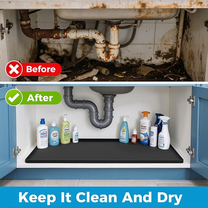 URMONA 19'' x 12'' Waterproof Silicone Under Sink Mat Cabinet and Counter Protector, Shelf Liner for Kitchen and Bathroom, Storage and Organizers, Litter Mat, Pet Cat Puppy Essentials（Light Cream）