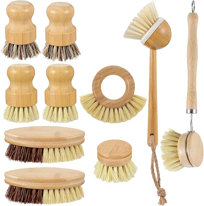 10Pcs Bamboo Dish Brush Set, Kitchen Brushes for Dishes, 7 Style Wooden Dish Brush with Ergonomic Handle, Value Bamboo Scrub Brushs Pack for Pots, Bottles and Vegetables