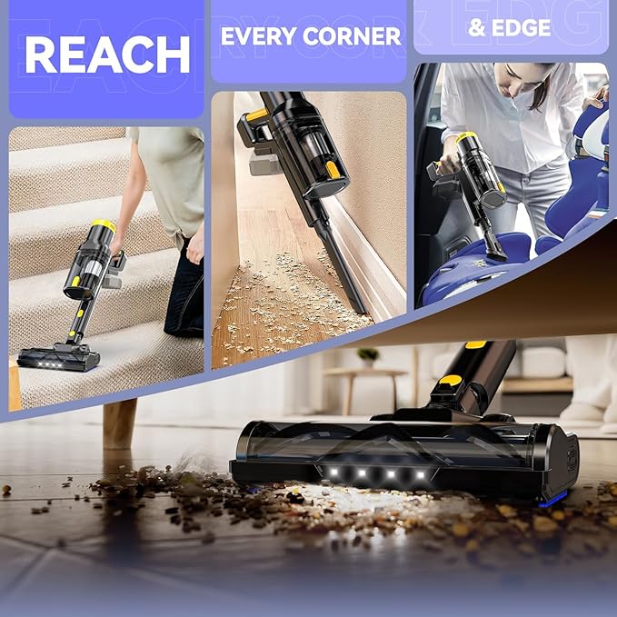 350W 40KPa Cordless Vacuum Cleaner Compatible with DeWalt 20V Battery (No Battery), 6-in-1 Self-Standing Stick Vacuum, 3 Models, Dual Dust Cup, LED Display & 180° Bendable Wand